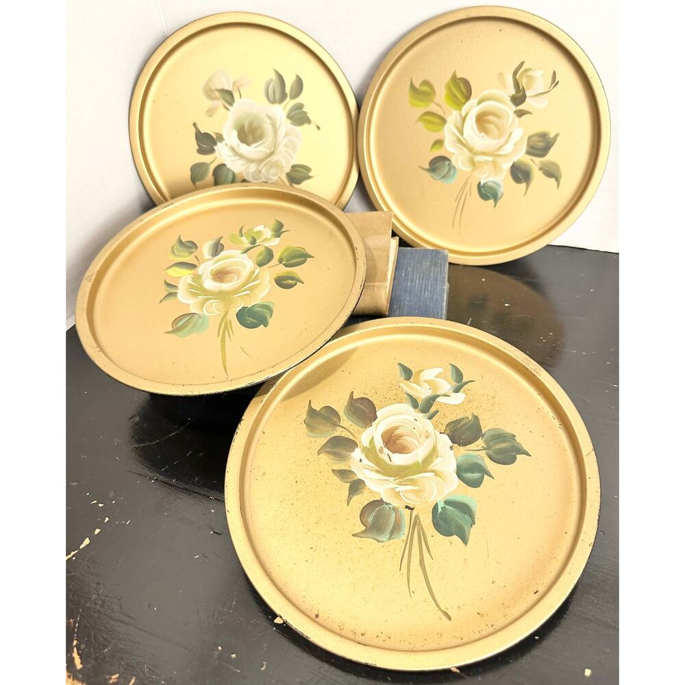 Gold Floral NASHCO Vintage Metal Tray Set Hand painted vintage New York